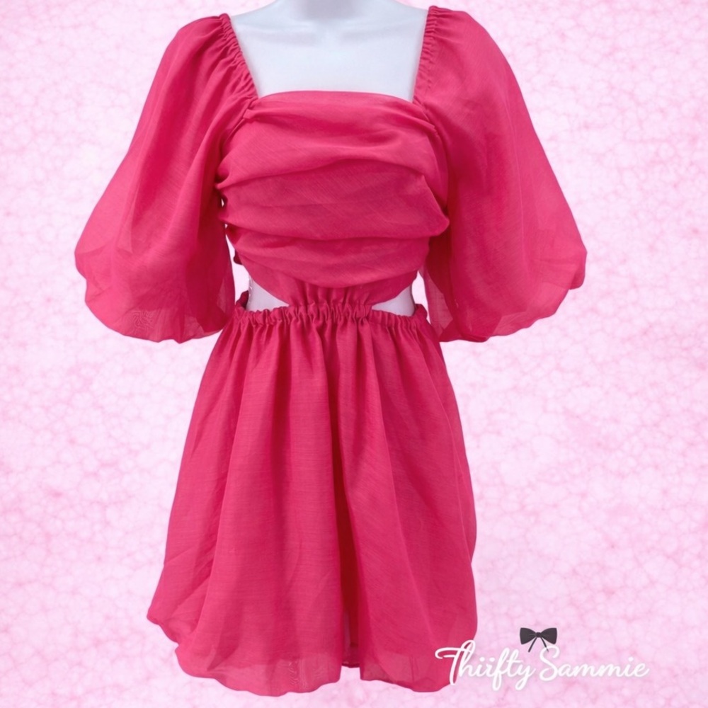 A New Day Hot Pink Puff Short Sleeve Cut Out Bubble A-Line Dress Womens Size XS
